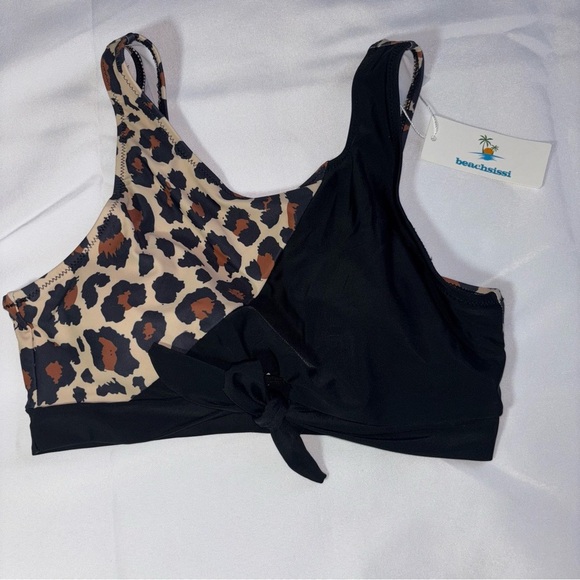 Beachsissi Other - Beachsissi Leopard Print Beachwear Patchwork Hook Back Bikini Top Size S